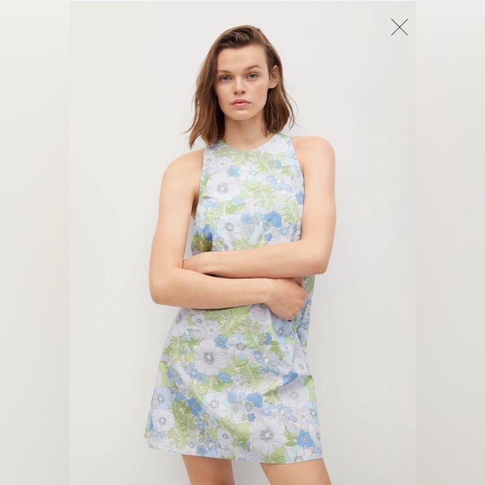 MNG Floral Cross Back Mini Dress 100% Cotton Blue Green SZ XL built in bandeau